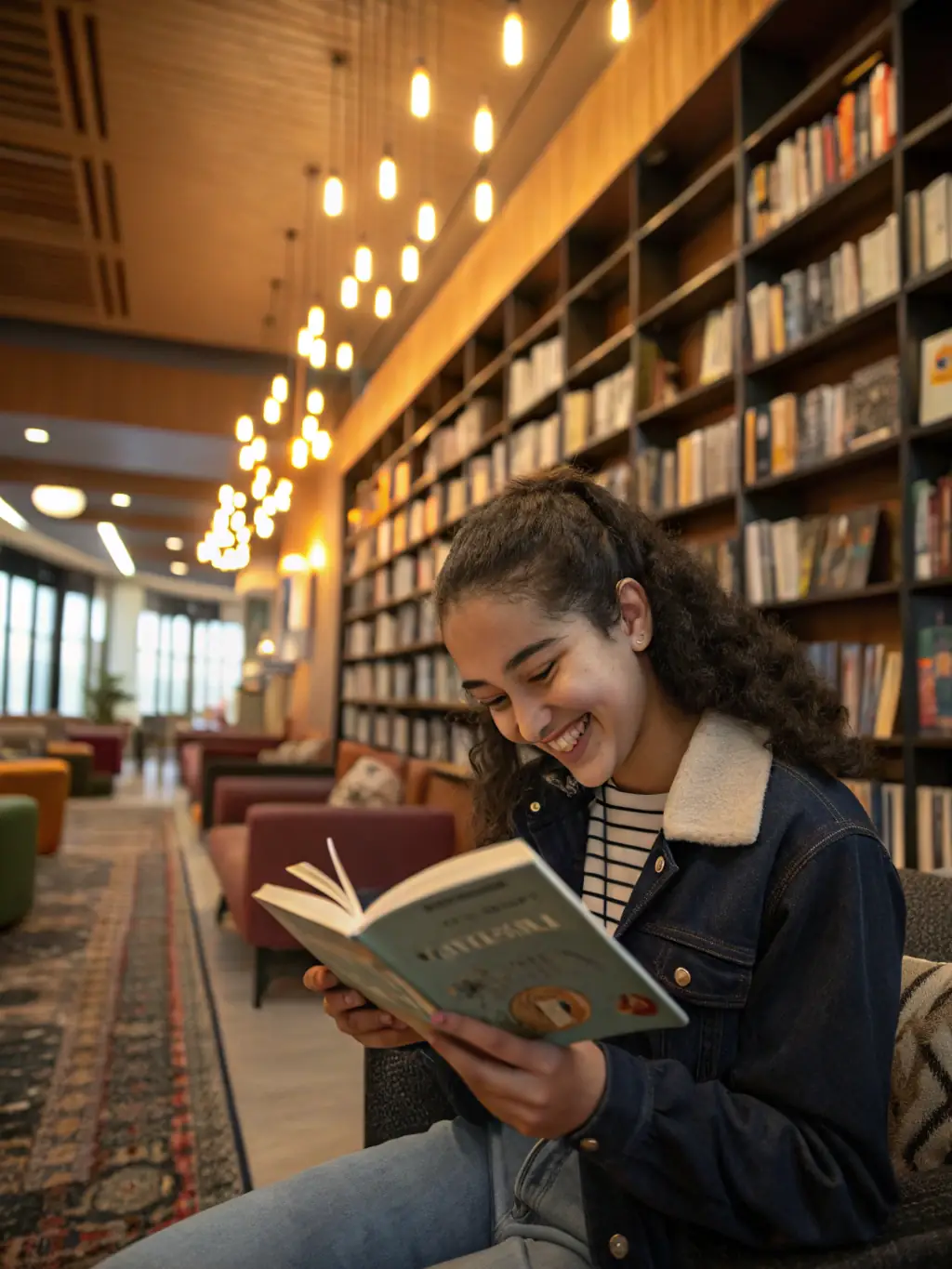 A student smiling while reading an English novel in LinguaHub's well-stocked library, showcasing the joy of learning.