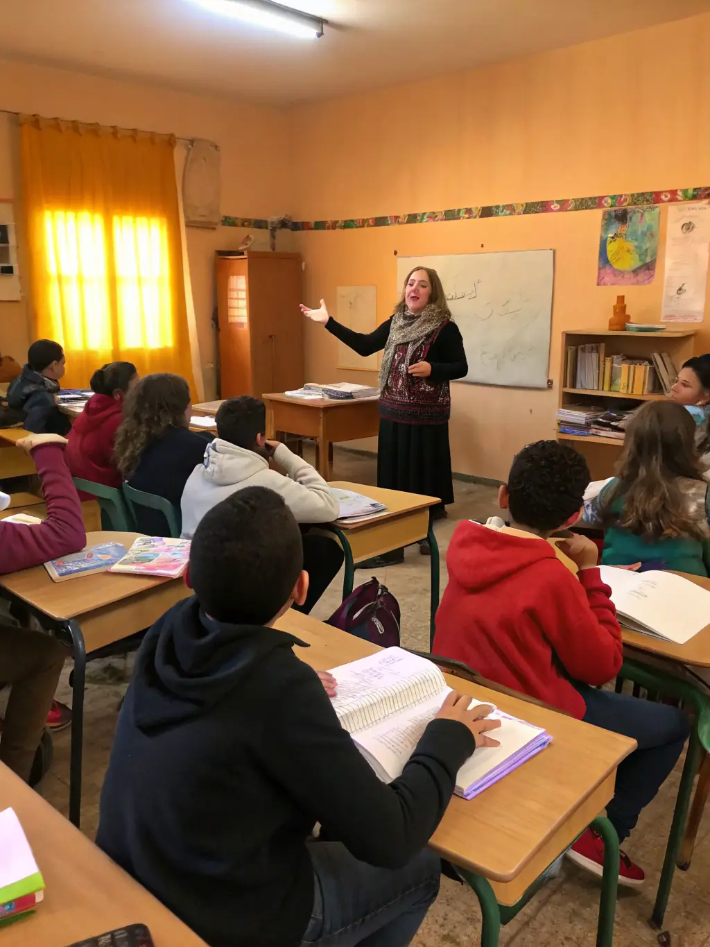 A group of diverse students participating in a lively English conversation class at LinguaHub, with the instructor facilitating the discussion.