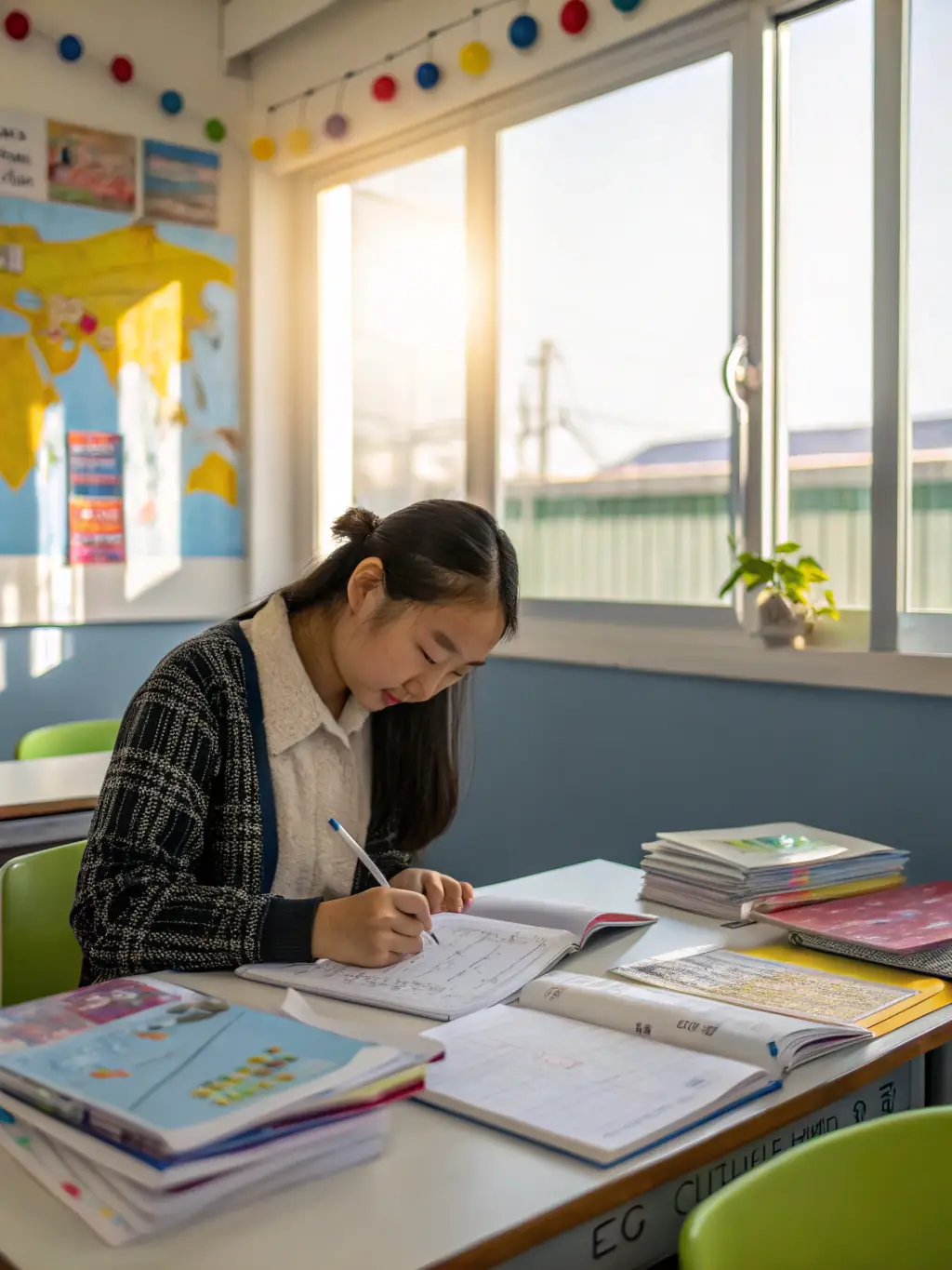 A student focused on completing a practice exam in a quiet study area at LinguaHub, preparing for an English proficiency test.