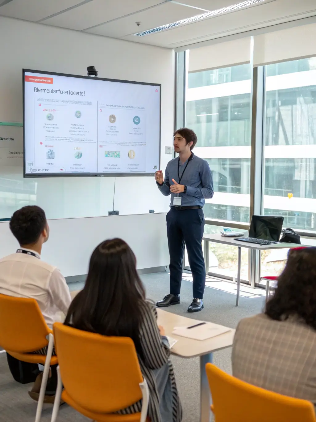 A student confidently presenting a business proposal in English during a LinguaHub Business English class.