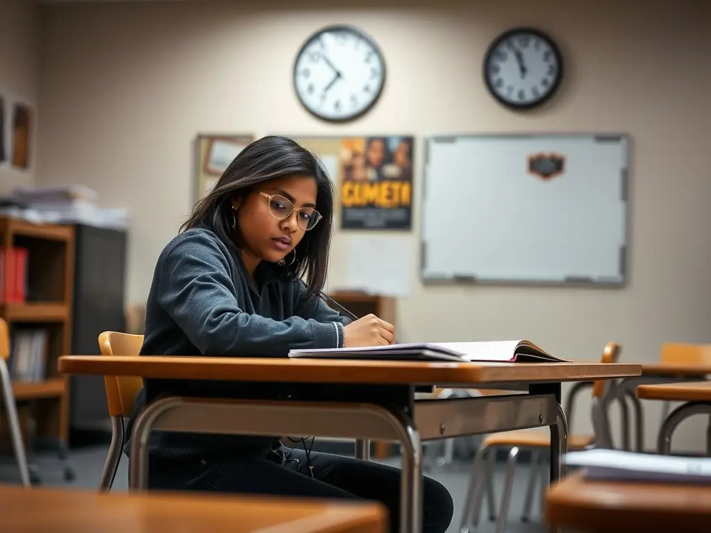 A student confidently taking an English proficiency exam, showcasing their test-taking skills and language mastery.