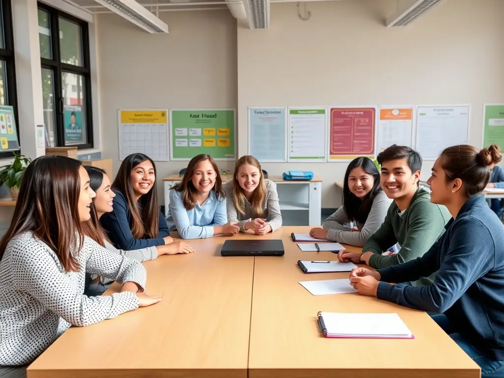 A diverse group of students actively participating in a lively English class, with the instructor facilitating a discussion.