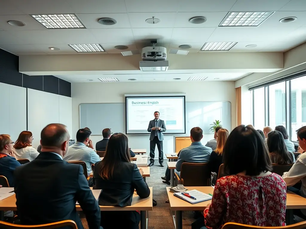 A professional setting with students engaged in a business English class, focusing on presentations and negotiations.